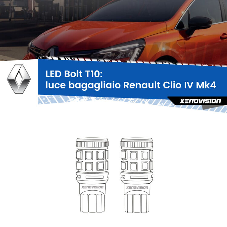 <strong>Luce Bagagliaio LED per Renault Clio IV</strong> Mk4 2012 - 2018. Coppia lampade <strong>T10</strong> modello Bolt canbus.