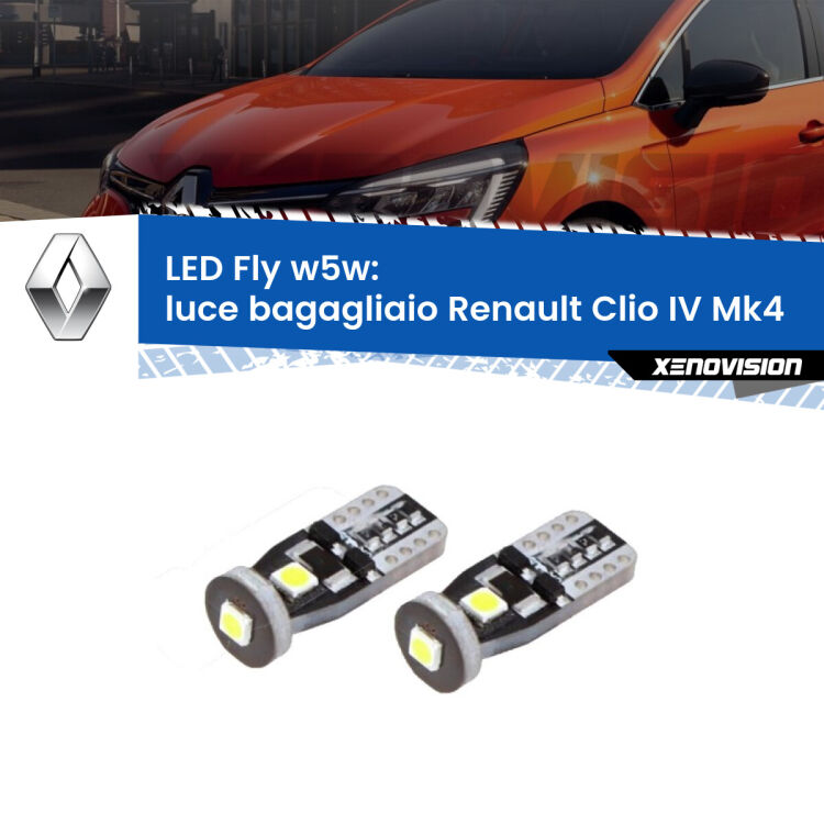 <strong>luce bagagliaio LED per Renault Clio IV</strong> Mk4 2012 - 2018. Coppia lampadine <strong>w5w</strong> Canbus compatte modello Fly Xenovision.