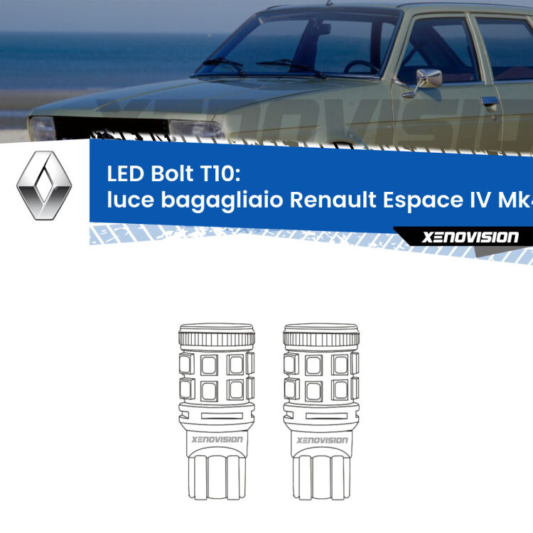 <strong>Luce Bagagliaio LED per Renault Espace IV</strong> Mk4 2006 - 2015. Coppia lampade <strong>T10</strong> modello Bolt canbus.