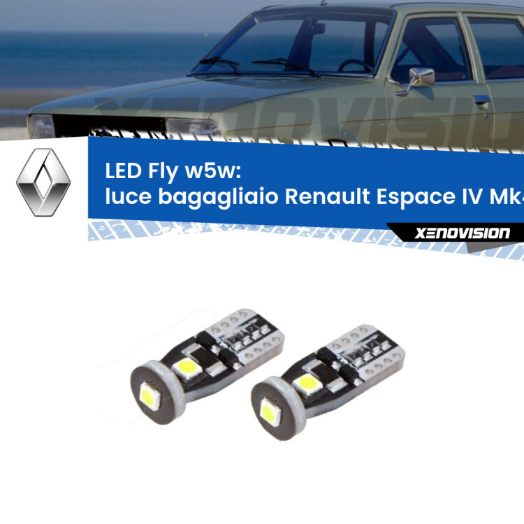 <strong>luce bagagliaio LED per Renault Espace IV</strong> Mk4 2006 - 2015. Coppia lampadine <strong>w5w</strong> Canbus compatte modello Fly Xenovision.