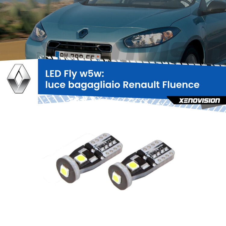 <strong>luce bagagliaio LED per Renault Fluence</strong>  2010 - 2015. Coppia lampadine <strong>w5w</strong> Canbus compatte modello Fly Xenovision.