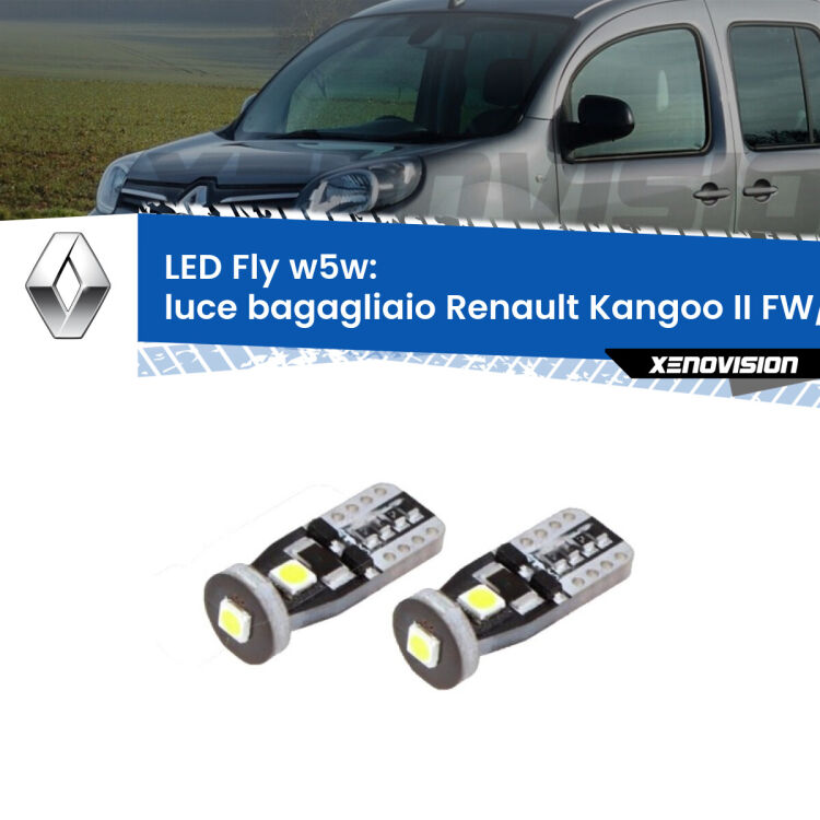 <strong>luce bagagliaio LED per Renault Kangoo II</strong> FW/KW 2008 in poi. Coppia lampadine <strong>w5w</strong> Canbus compatte modello Fly Xenovision.