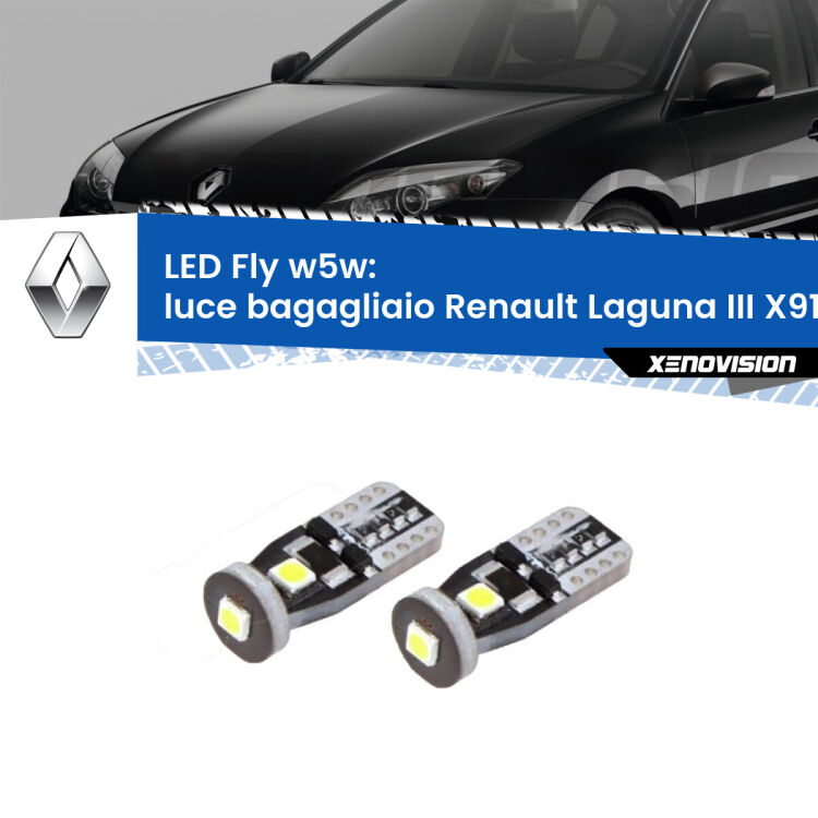 <strong>luce bagagliaio LED per Renault Laguna III</strong> X91 2007 - 2015. Coppia lampadine <strong>w5w</strong> Canbus compatte modello Fly Xenovision.