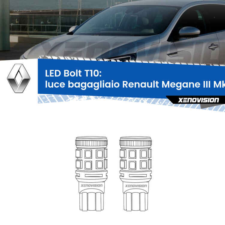 <strong>Luce Bagagliaio LED per Renault Megane III</strong> Mk3 2008 - 2015. Coppia lampade <strong>T10</strong> modello Bolt canbus.