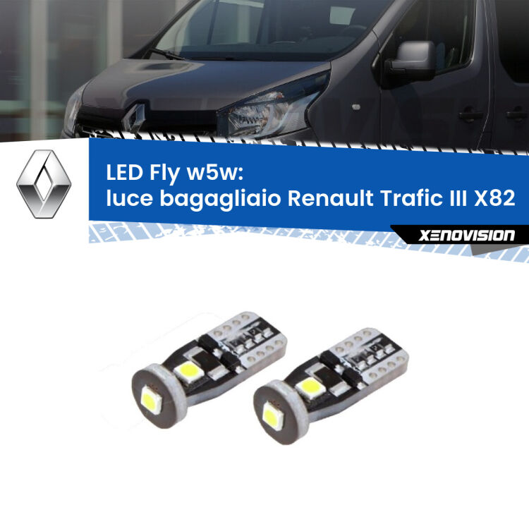 <strong>luce bagagliaio LED per Renault Trafic III</strong> X82 2014 in poi. Coppia lampadine <strong>w5w</strong> Canbus compatte modello Fly Xenovision.