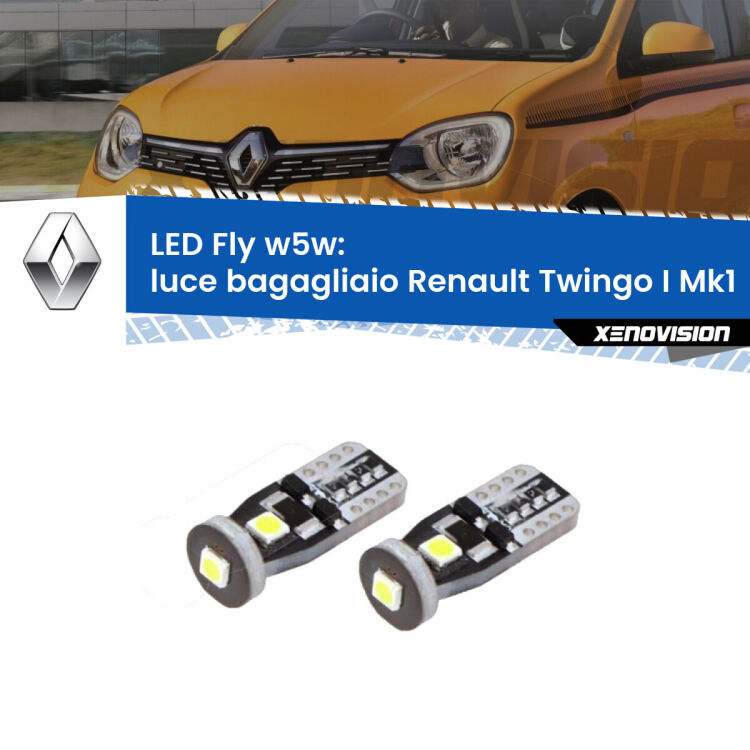 <strong>luce bagagliaio LED per Renault Twingo I</strong> Mk1 1993 - 2006. Coppia lampadine <strong>w5w</strong> Canbus compatte modello Fly Xenovision.