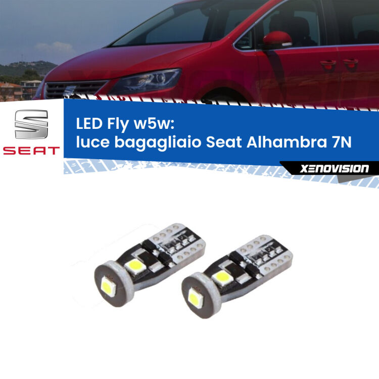 <strong>luce bagagliaio LED per Seat Alhambra</strong> 7N 2010 in poi. Coppia lampadine <strong>w5w</strong> Canbus compatte modello Fly Xenovision.