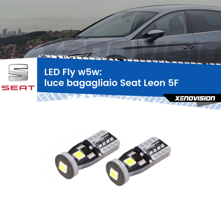 <strong>luce bagagliaio LED per Seat Leon</strong> 5F 2012 in poi. Coppia lampadine <strong>w5w</strong> Canbus compatte modello Fly Xenovision.