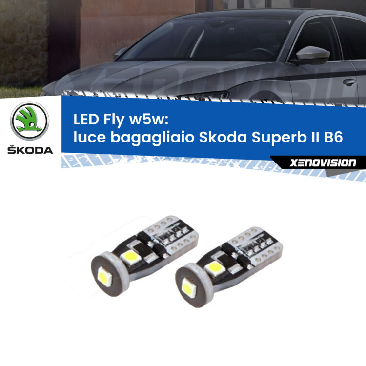 <strong>luce bagagliaio LED per Skoda Superb II</strong> B6 2008 - 2015. Coppia lampadine <strong>w5w</strong> Canbus compatte modello Fly Xenovision.