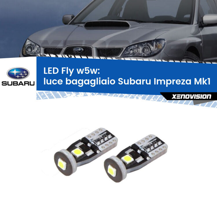 <strong>luce bagagliaio LED per Subaru Impreza</strong> Mk1 1992 - 2000. Coppia lampadine <strong>w5w</strong> Canbus compatte modello Fly Xenovision.