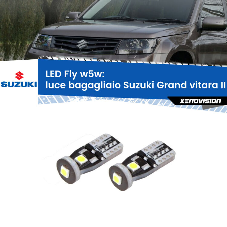 <strong>luce bagagliaio LED per Suzuki Grand vitara II</strong> JT, TE, TD 2005 - 2015. Coppia lampadine <strong>w5w</strong> Canbus compatte modello Fly Xenovision.