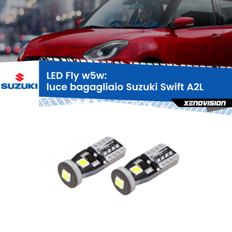 <strong>luce bagagliaio LED per Suzuki Swift</strong> A2L 2017 in poi. Coppia lampadine <strong>w5w</strong> Canbus compatte modello Fly Xenovision.