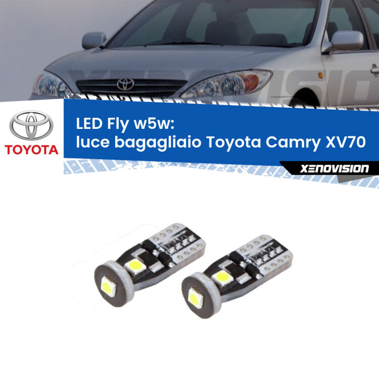 <strong>luce bagagliaio LED per Toyota Camry</strong> XV70 2017 in poi. Coppia lampadine <strong>w5w</strong> Canbus compatte modello Fly Xenovision.