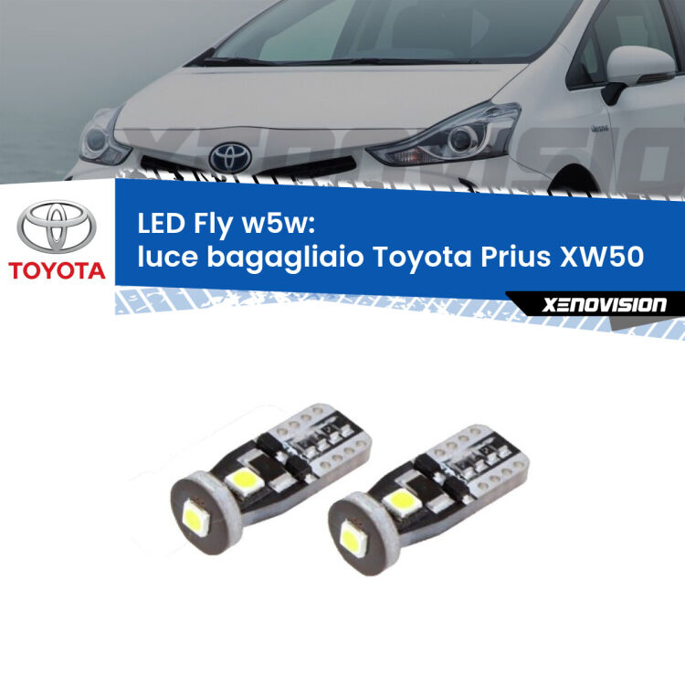 <strong>luce bagagliaio LED per Toyota Prius</strong> XW50 2015 in poi. Coppia lampadine <strong>w5w</strong> Canbus compatte modello Fly Xenovision.