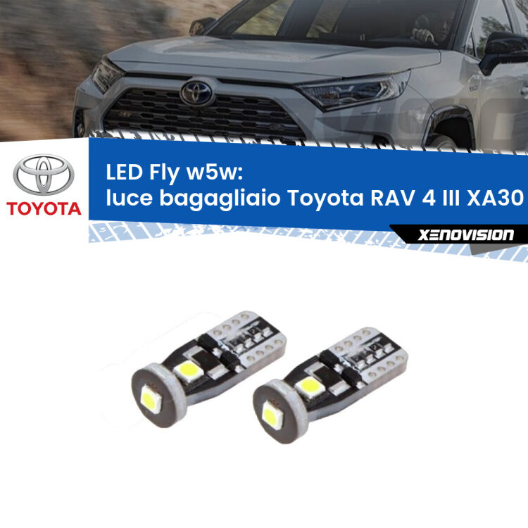 <strong>luce bagagliaio LED per Toyota RAV 4 III</strong> XA30 2005 - 2014. Coppia lampadine <strong>w5w</strong> Canbus compatte modello Fly Xenovision.