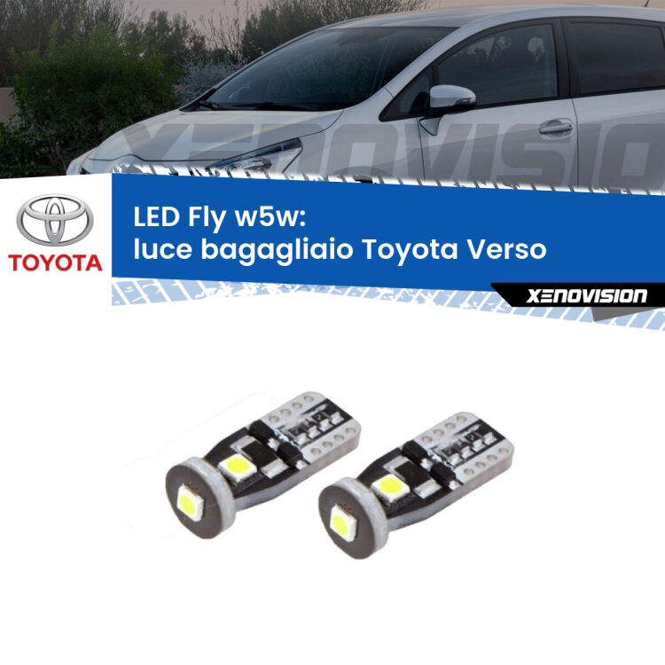 <strong>luce bagagliaio LED per Toyota Verso</strong>  2009 - 2018. Coppia lampadine <strong>w5w</strong> Canbus compatte modello Fly Xenovision.