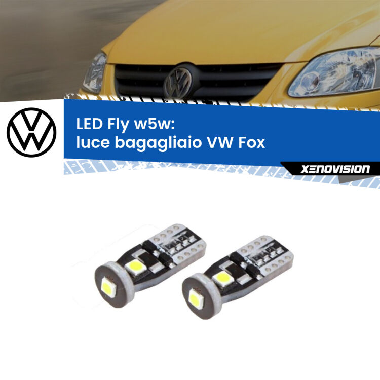 <strong>luce bagagliaio LED per VW Fox</strong>  2003 - 2014. Coppia lampadine <strong>w5w</strong> Canbus compatte modello Fly Xenovision.