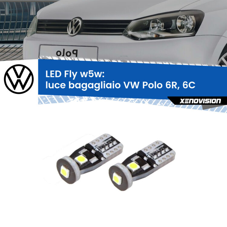 <strong>luce bagagliaio LED per VW Polo</strong> 6R, 6C 2009 - 2016. Coppia lampadine <strong>w5w</strong> Canbus compatte modello Fly Xenovision.