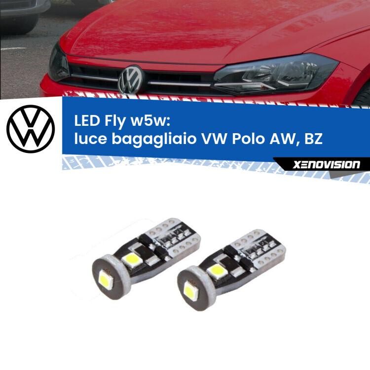 <strong>luce bagagliaio LED per VW Polo</strong> AW, BZ 2017 in poi. Coppia lampadine <strong>w5w</strong> Canbus compatte modello Fly Xenovision.