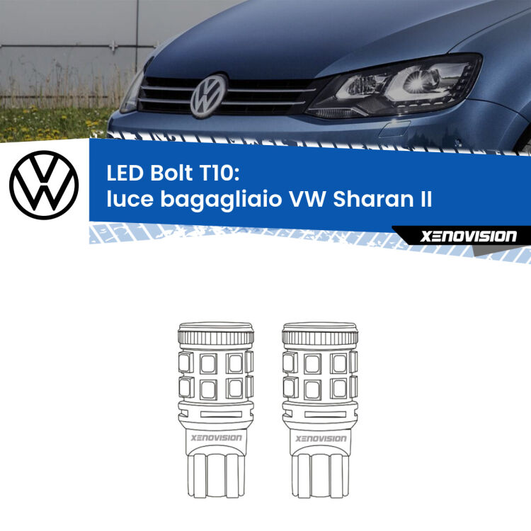 <strong>Luce Bagagliaio LED per VW Sharan</strong> II nel baule. Coppia lampade <strong>T10</strong> modello Bolt canbus.