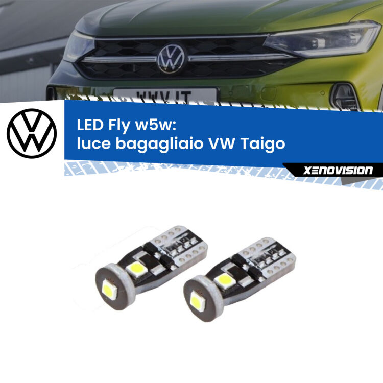 <strong>luce bagagliaio LED per VW Taigo</strong>  2020 in poi. Coppia lampadine <strong>w5w</strong> Canbus compatte modello Fly Xenovision.