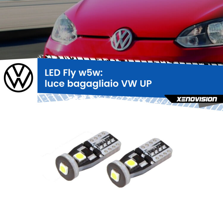 <strong>luce bagagliaio LED per VW UP</strong>  2011 in poi. Coppia lampadine <strong>w5w</strong> Canbus compatte modello Fly Xenovision.