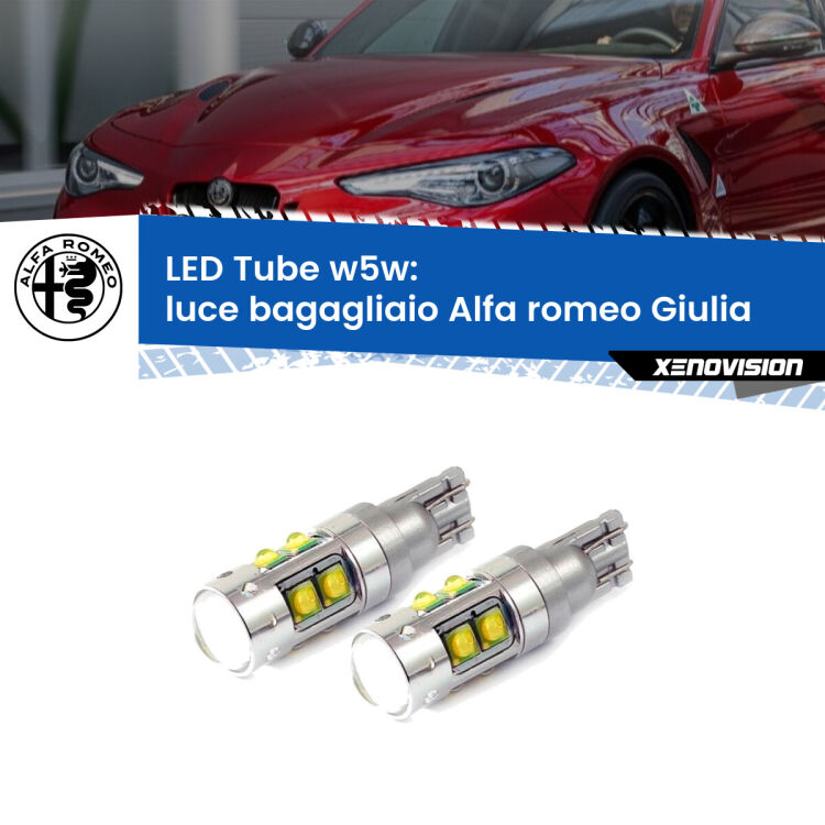 <strong>Luce Bagagliaio LED 6000k per Alfa romeo Giulia</strong>  2015 in poi. Lampadine <strong>W5W</strong> canbus modello Tube, luce bianco lunare, lunga durata e compatibilità.