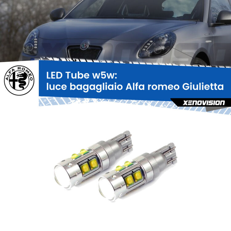 <strong>Luce Bagagliaio LED 6000k per Alfa romeo Giulietta</strong>  2010 in poi. Lampadine <strong>W5W</strong> canbus modello Tube, luce bianco lunare, lunga durata e compatibilità.