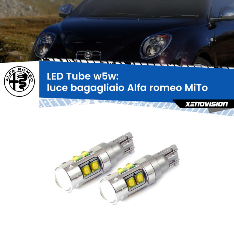 <strong>Luce Bagagliaio LED 6000k per Alfa romeo MiTo</strong>  2008 - 2018. Lampadine <strong>W5W</strong> canbus modello Tube, luce bianco lunare, lunga durata e compatibilità.