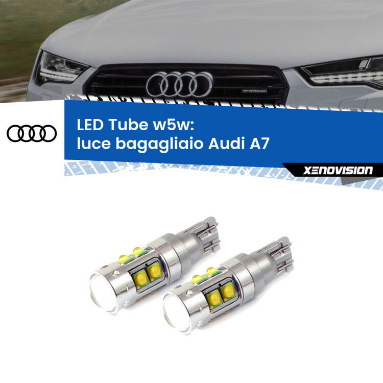 <strong>Luce Bagagliaio LED 6000k per Audi A7</strong>  2010 - 2018. Lampadine <strong>W5W</strong> canbus modello Tube, luce bianco lunare, lunga durata e compatibilità.