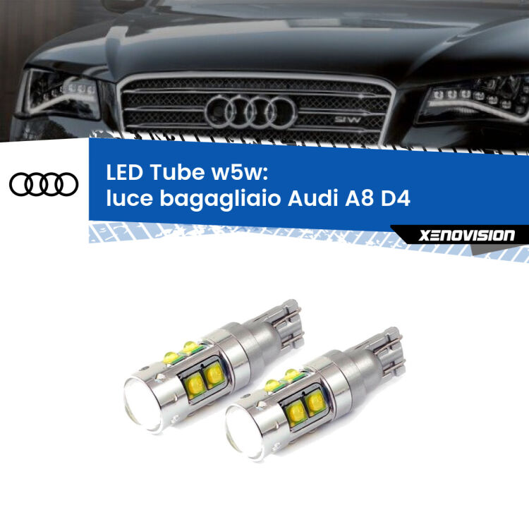 <strong>Luce Bagagliaio LED 6000k per Audi A8</strong> D4 2009 - 2018. Lampadine <strong>W5W</strong> canbus modello Tube, luce bianco lunare, lunga durata e compatibilità.