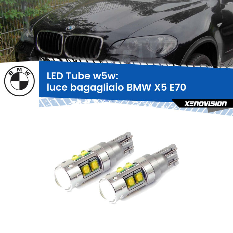 <strong>Luce Bagagliaio LED 6000k per BMW X5</strong> E70 2006 - 2013. Lampadine <strong>W5W</strong> canbus modello Tube, luce bianco lunare, lunga durata e compatibilità.