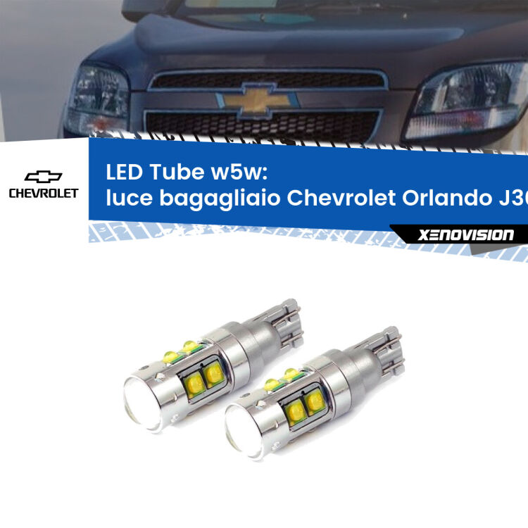 <strong>Luce Bagagliaio LED 6000k per Chevrolet Orlando</strong> J309 2011 - 2019. Lampadine <strong>W5W</strong> canbus modello Tube, luce bianco lunare, lunga durata e compatibilità.