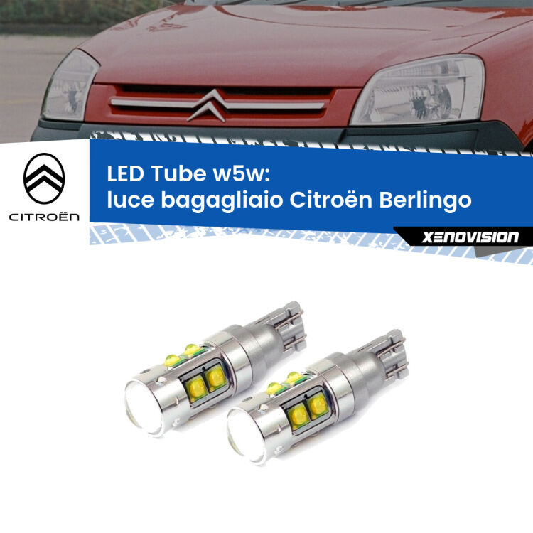 <strong>Luce Bagagliaio LED 6000k per Citroën Berlingo</strong>  1996 - 2007. Lampadine <strong>W5W</strong> canbus modello Tube, luce bianco lunare, lunga durata e compatibilità.