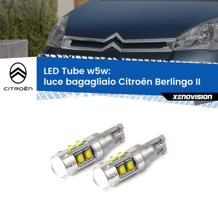 <strong>Luce Bagagliaio LED 6000k per Citroën Berlingo</strong> II 2008 - 2017. Lampadine <strong>W5W</strong> canbus modello Tube, luce bianco lunare, lunga durata e compatibilità.