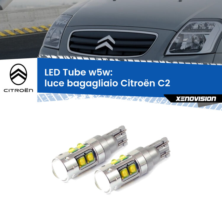 <strong>Luce Bagagliaio LED 6000k per Citroën C2</strong>  2003 - 2009. Lampadine <strong>W5W</strong> canbus modello Tube, luce bianco lunare, lunga durata e compatibilità.