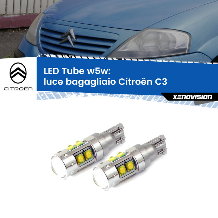 <strong>Luce Bagagliaio LED 6000k per Citroën C3</strong>  2002 - 2009. Lampadine <strong>W5W</strong> canbus modello Tube, luce bianco lunare, lunga durata e compatibilità.