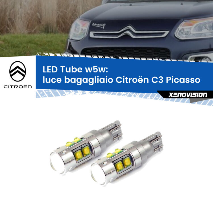 <strong>Luce Bagagliaio LED 6000k per Citroën C3 Picasso</strong>  2009 - 2016. Lampadine <strong>W5W</strong> canbus modello Tube, luce bianco lunare, lunga durata e compatibilità.