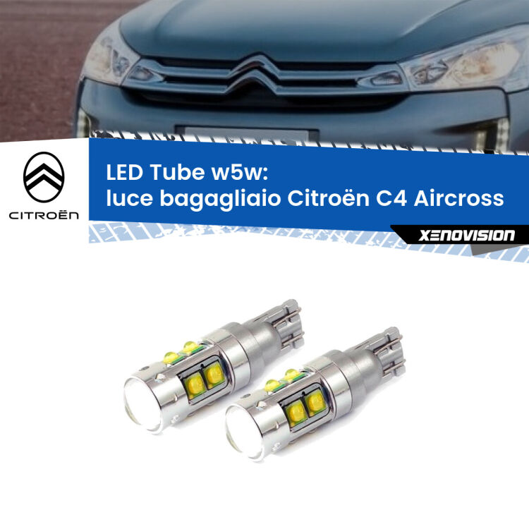 <strong>Luce Bagagliaio LED 6000k per Citroën C4 Aircross</strong>  2010 - 2018. Lampadine <strong>W5W</strong> canbus modello Tube, luce bianco lunare, lunga durata e compatibilità.