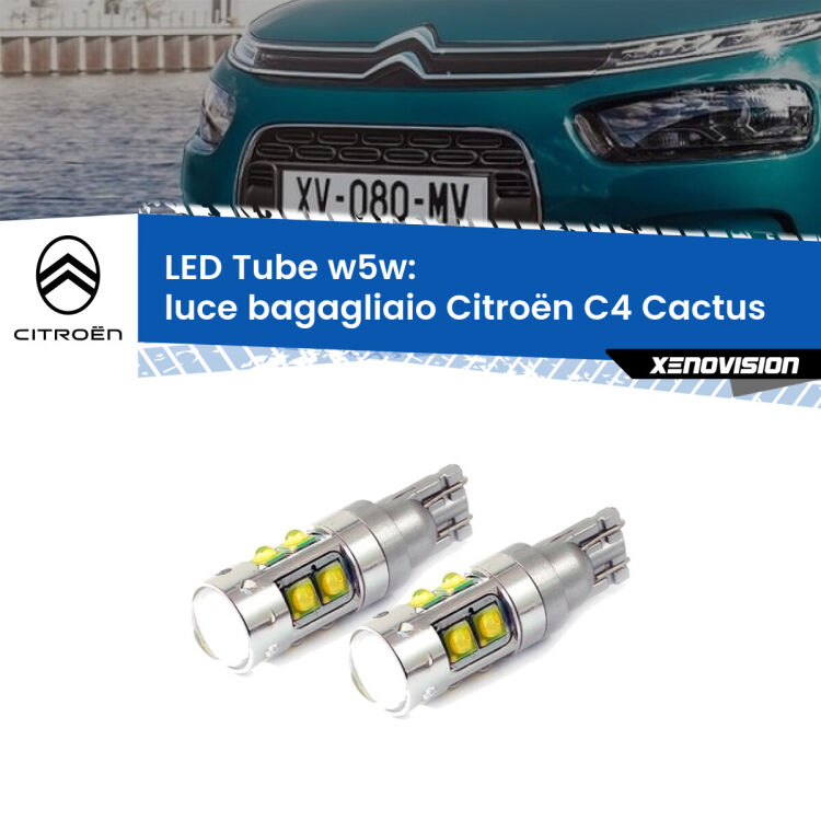 <strong>Luce Bagagliaio LED 6000k per Citroën C4 Cactus</strong>  2014 in poi. Lampadine <strong>W5W</strong> canbus modello Tube, luce bianco lunare, lunga durata e compatibilità.