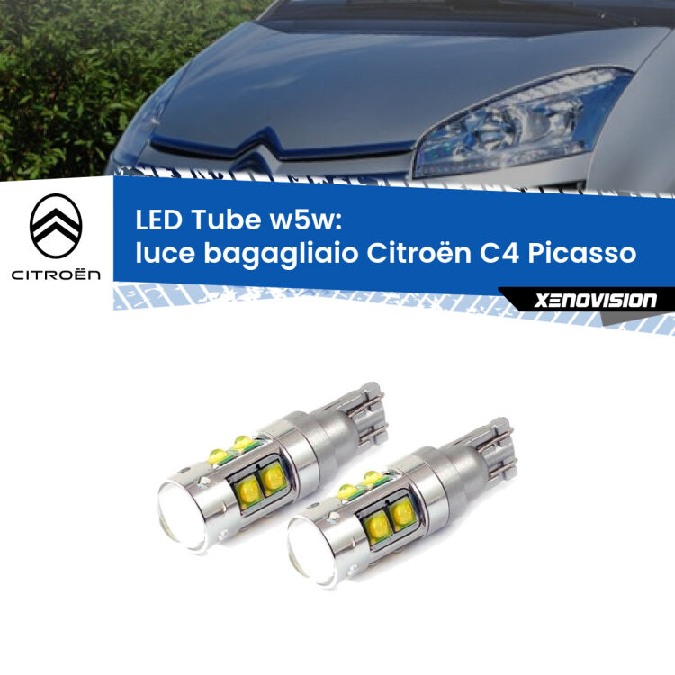 <strong>Luce Bagagliaio LED 6000k per Citroën C4 Picasso</strong>  2006 - 2013. Lampadine <strong>W5W</strong> canbus modello Tube, luce bianco lunare, lunga durata e compatibilità.