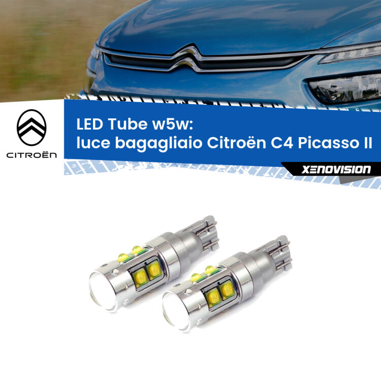 <strong>Luce Bagagliaio LED 6000k per Citroën C4 Picasso</strong> II 2013 in poi. Lampadine <strong>W5W</strong> canbus modello Tube, luce bianco lunare, lunga durata e compatibilità.