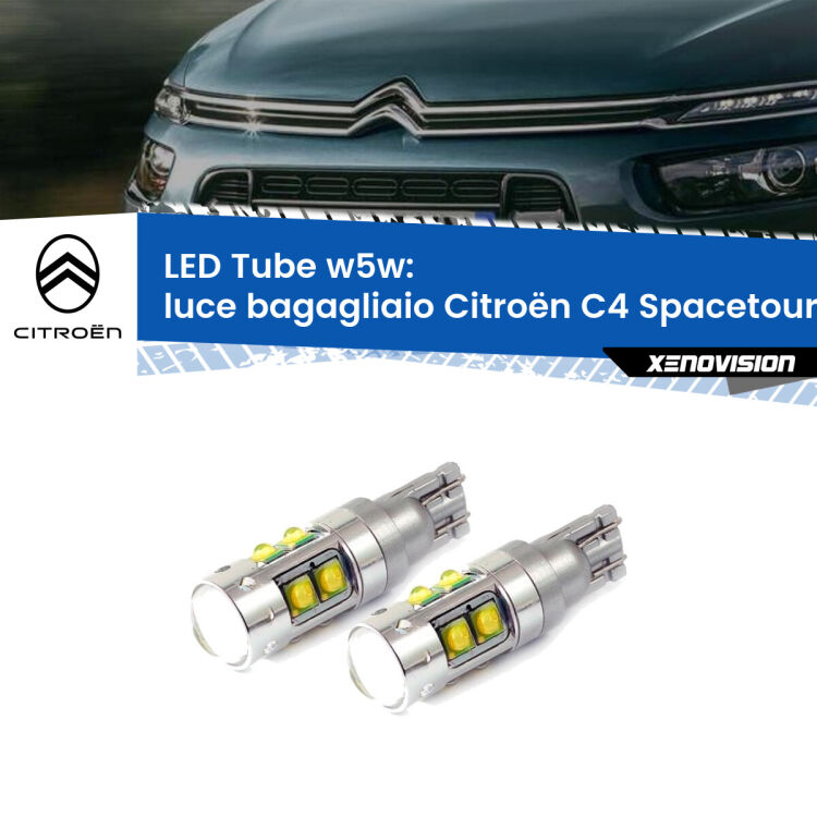 <strong>Luce Bagagliaio LED 6000k per Citroën C4 Spacetourer</strong>  2018 in poi. Lampadine <strong>W5W</strong> canbus modello Tube, luce bianco lunare, lunga durata e compatibilità.