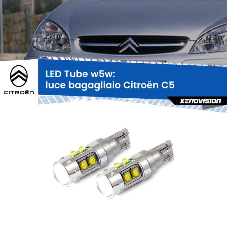 <strong>Luce Bagagliaio LED 6000k per Citroën C5</strong>  2001 - 2004. Lampadine <strong>W5W</strong> canbus modello Tube, luce bianco lunare, lunga durata e compatibilità.