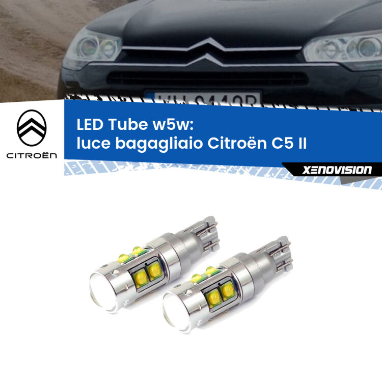 <strong>Luce Bagagliaio LED 6000k per Citroën C5</strong> II 2008 - 2014. Lampadine <strong>W5W</strong> canbus modello Tube, luce bianco lunare, lunga durata e compatibilità.