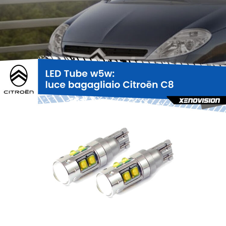 <strong>Luce Bagagliaio LED 6000k per Citroën C8</strong>  2002 - 2010. Lampadine <strong>W5W</strong> canbus modello Tube, luce bianco lunare, lunga durata e compatibilità.