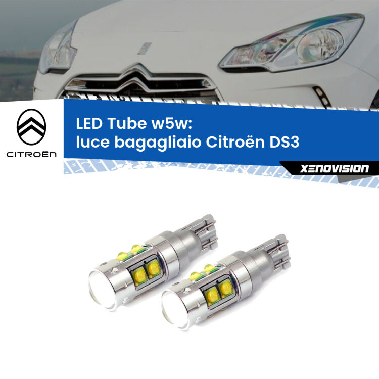 <strong>Luce Bagagliaio LED 6000k per Citroën DS3</strong>  2009 - 2015. Lampadine <strong>W5W</strong> canbus modello Tube, luce bianco lunare, lunga durata e compatibilità.