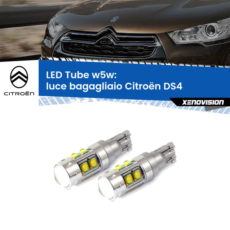 <strong>Luce Bagagliaio LED 6000k per Citroën DS4</strong>  2011 - 2015. Lampadine <strong>W5W</strong> canbus modello Tube, luce bianco lunare, lunga durata e compatibilità.