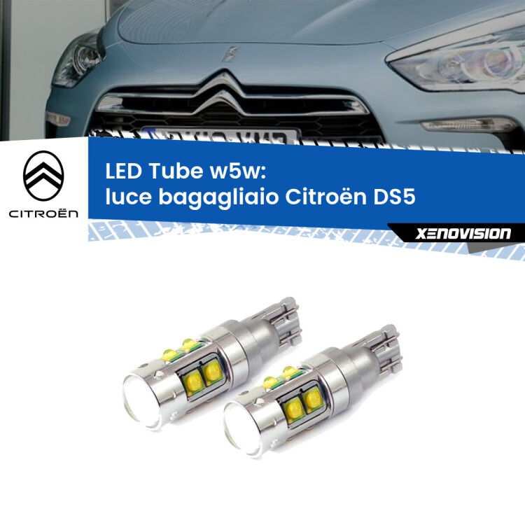 <strong>Luce Bagagliaio LED 6000k per Citroën DS5</strong>  2011 - 2015. Lampadine <strong>W5W</strong> canbus modello Tube, luce bianco lunare, lunga durata e compatibilità.