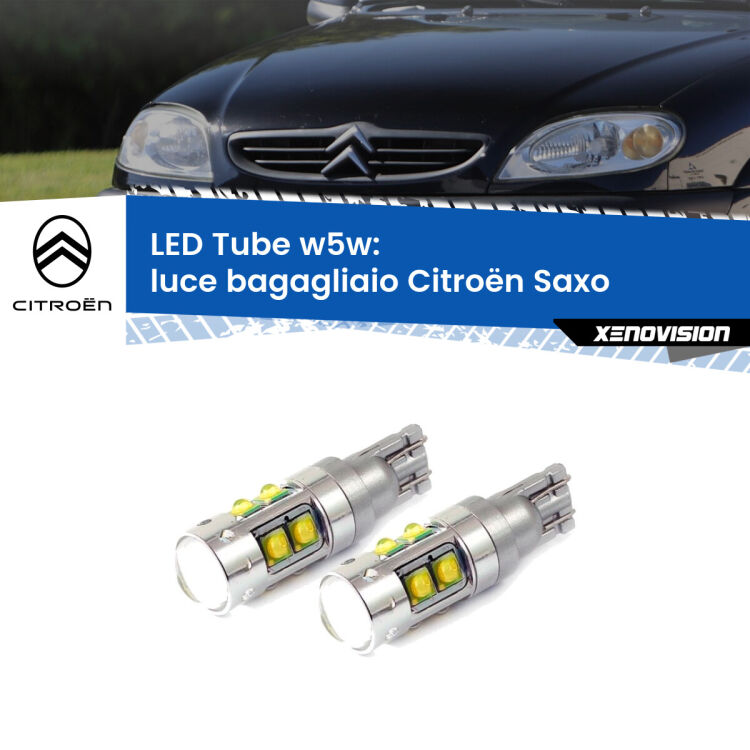 <strong>Luce Bagagliaio LED 6000k per Citroën Saxo</strong>  1996 - 2004. Lampadine <strong>W5W</strong> canbus modello Tube, luce bianco lunare, lunga durata e compatibilità.